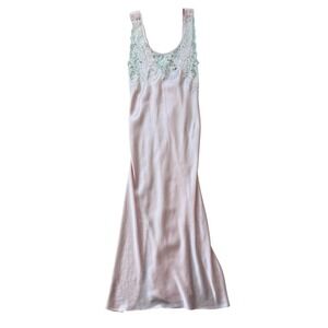 90s Josie Natori Blush Pink Slip Dress Large Mint Lace Floral Satin 46"